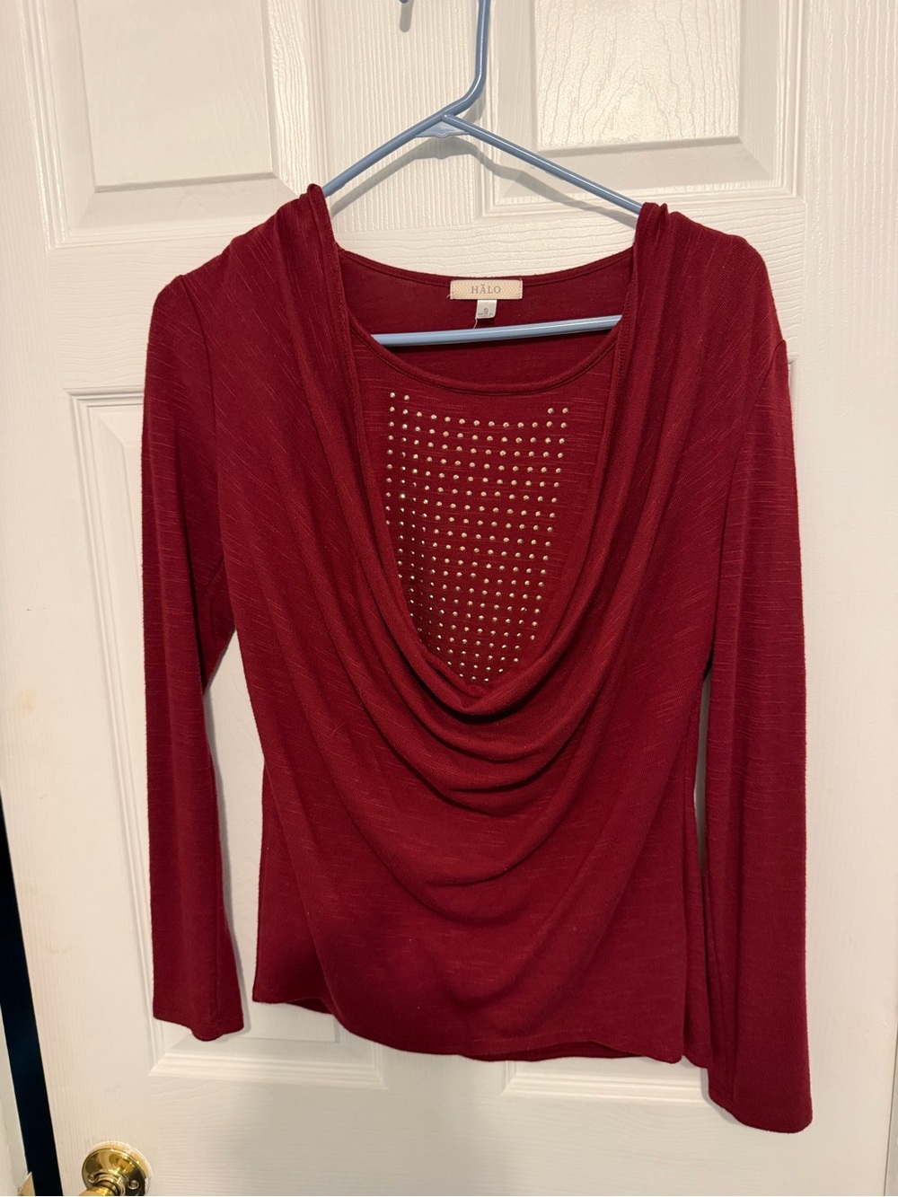 HALO Burgundy Cowl Neck Embellished Long Sleeve Top S